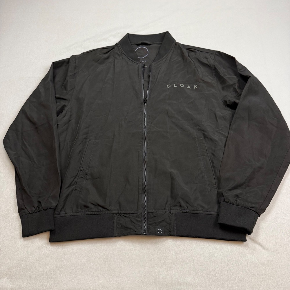 CLOAK Brand Mens Large Lightweight Bomber Jacket Black Full Zip Logo EXP52BMRC